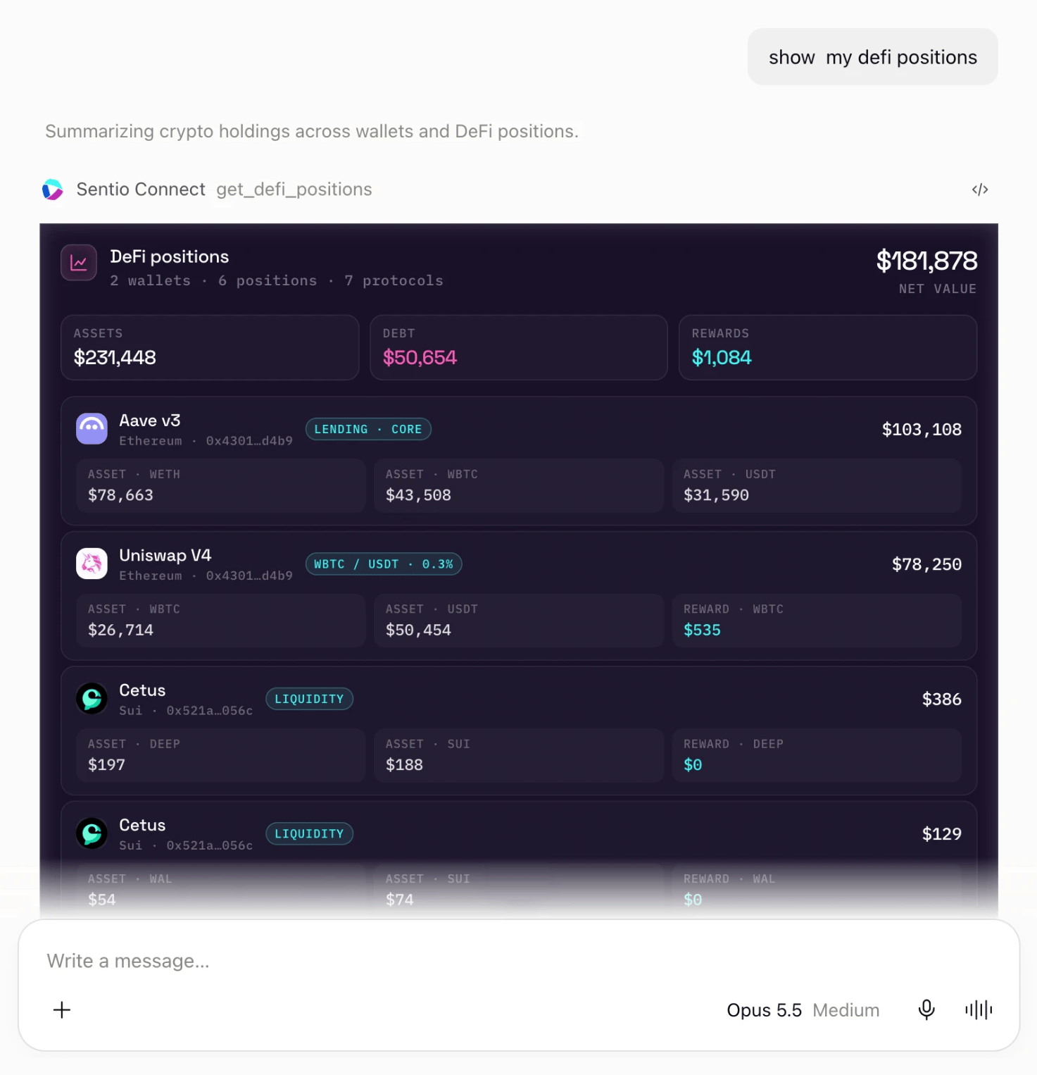 Claude showing DeFi positions from Sentio Connect